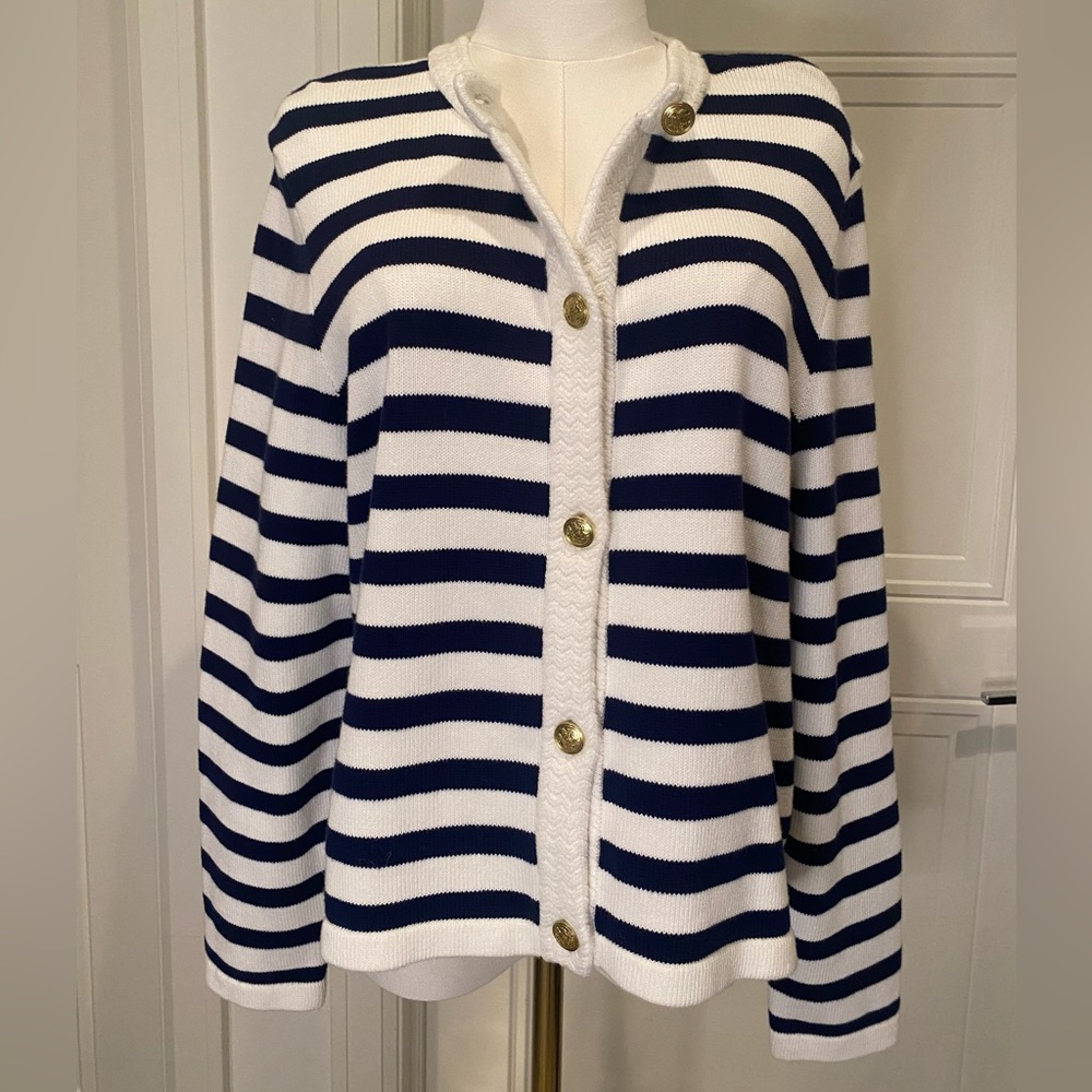 J. Crew Navy and White Striped Cardigan with Gold Buttons Size L NWT